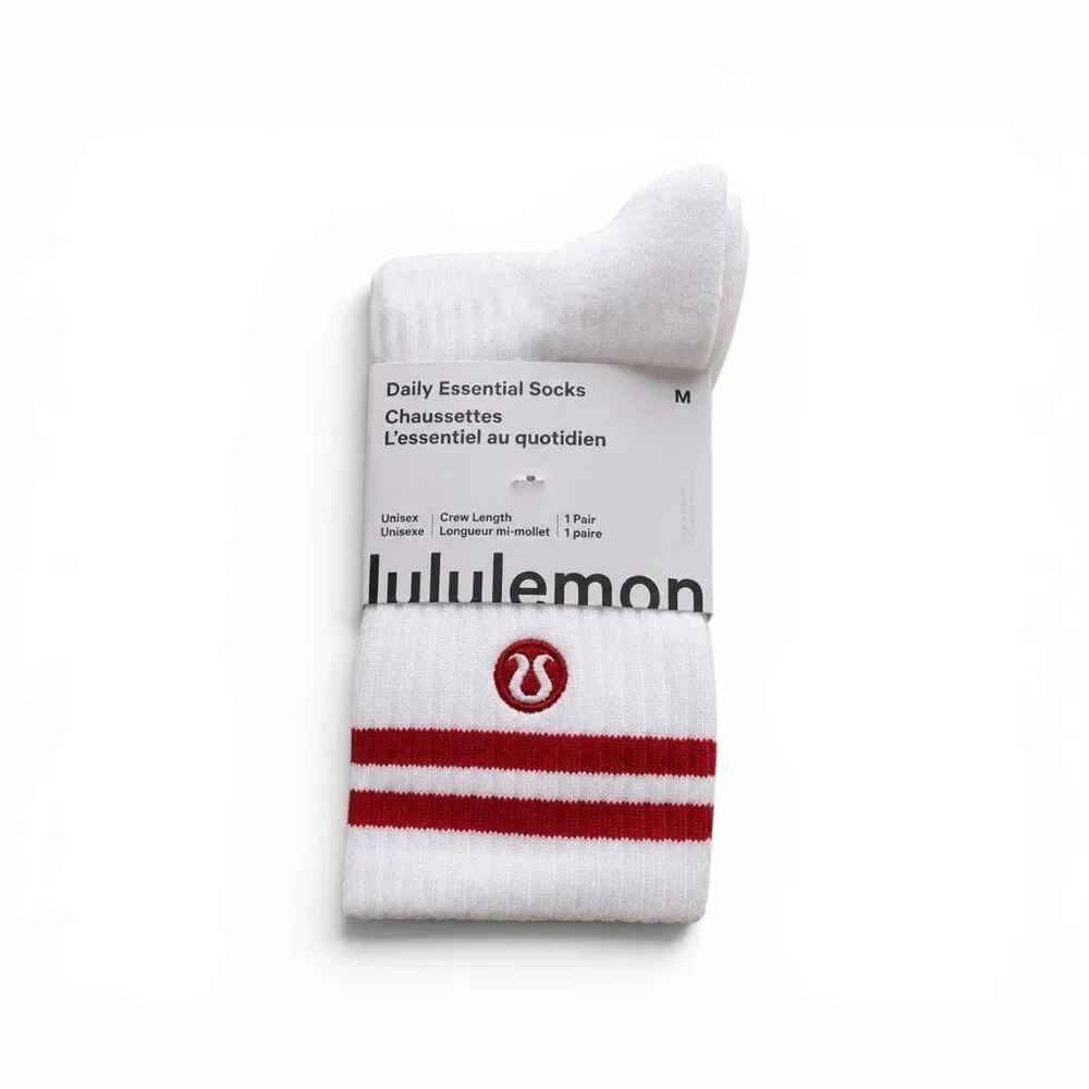 Lululemon White Red Stripe Daily Essential Crew Socks Unisex Medium NWT